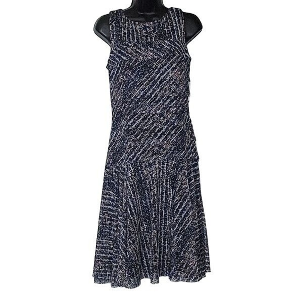 ILE New York Sleeveless Mesh Tiered Abstract Print Fit & Flare Dress Navy Size 6